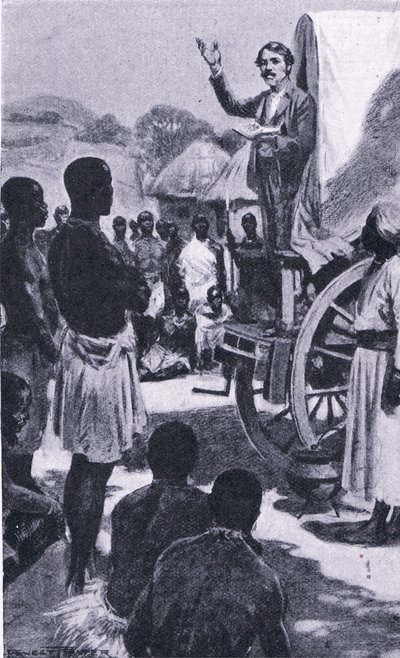 Predicando a los Makololo: Livingstone (ilustración de Cassells Romance of Famous Lives, c.1940) de Ernest Prater