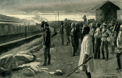 El tren que transporta los restos del Sr. Rhodes saludado por los guardias del bloque de Ernest Prater