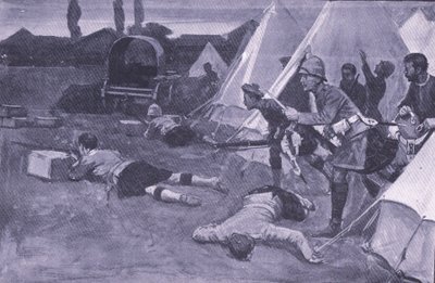El ataque al campamento británico en la plaza del mercado de Jacobsdal (ilustración de After Pretoria: The Guerilla War, 1902) de Ernest Prater