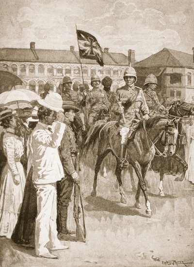 El líder de los Aliados, ilustración de Batallas del siglo XIX: Vol. VII, La guerra china de 1900-1901 de Archibald Forbes, G.A. Henty y el Mayor Arthur Griffiths de Ernest Prater