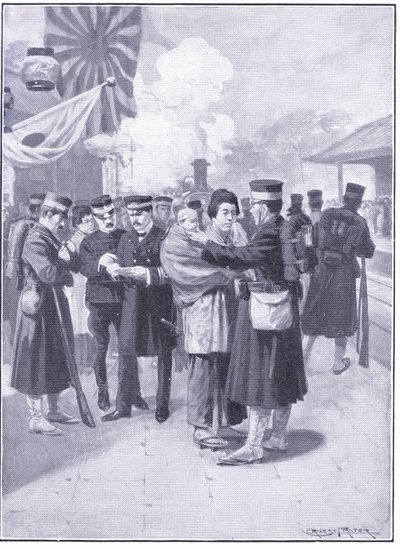Tropas saliendo de Tokio, ilustración de Cassells History of the Russo-Japanese War Vol 1, c.1900 de Ernest Prater