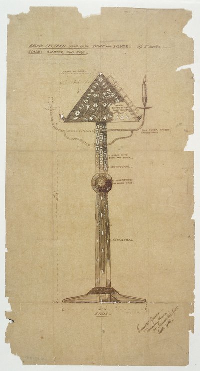 Diseño para Atril de Ébano con Incrustaciones de Hueso y Plata para la Iglesia de San Andrés, Roker 1906 de Ernest William Gimson