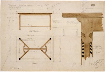 Diseño para una mesa de comedor en roble inglés, oscurecido, con un travesaño de rastrillo, 2 de Octubre de 1908 de Ernest William Gimson