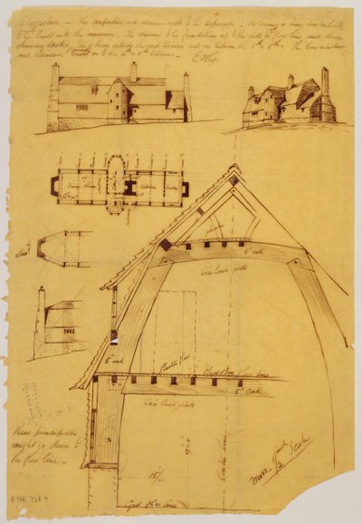 Vista, plano y detalle de la casa de Ernest William Gimson
