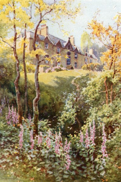 Ashestiel: La primera casa de Scott en el país fronterizo (litografía en color) de Ernest William Haslehust