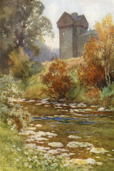 Torre de Branxholm (litografía en color) de Ernest William Haslehust