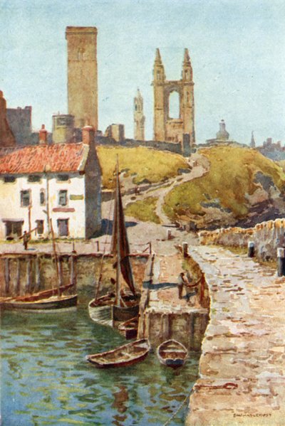 Ruinas de la catedral, St. Andrews, desde el puerto (litografía en color) de Ernest William Haslehust