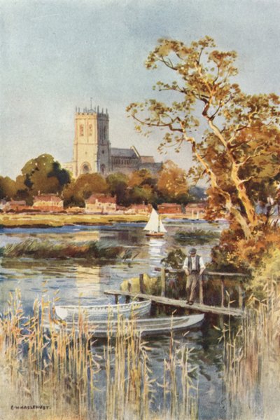 El Priorato de Christchurch desde el Ferry de Wick (litografía en color) de Ernest William Haslehust