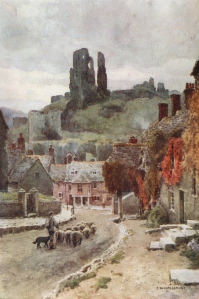 Castillo de Corfe (litografía en color) de Ernest William Haslehust