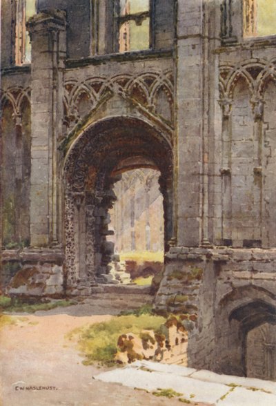 Puerta de la Capilla de Santa María, Abadía de Glastonbury (litografía en color) de Ernest William Haslehust