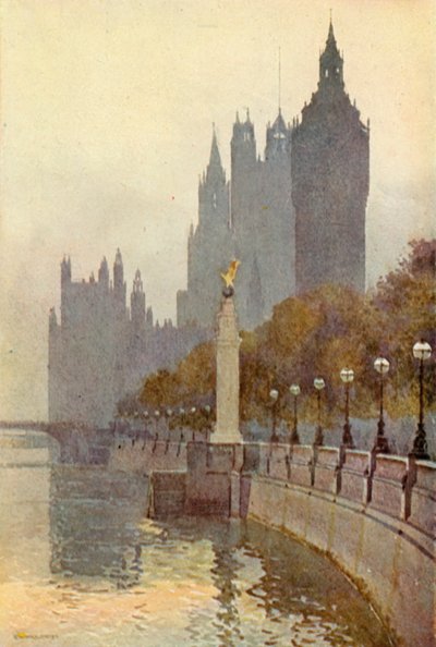 Las Casas del Parlamento desde el Terraplén (litografía en color) de Ernest William Haslehust