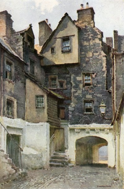 En Bakehouse Close: Residencia del Marqués de Huntly (litografía en color) de Ernest William Haslehust