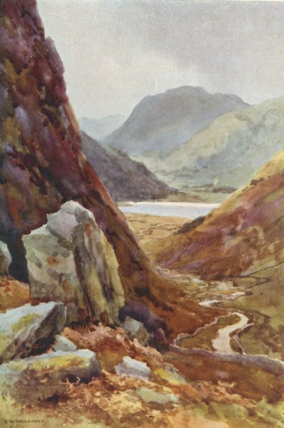 Paso de Kirkstone y Brothers Water (litografía en color) de Ernest William Haslehust