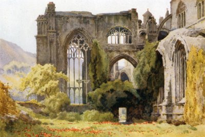 Abadía de Melrose: Coro y transepto norte (litografía en color) de Ernest William Haslehust