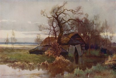 Old Boat-Houses, Barton Broad (litografía en color) de Ernest William Haslehust