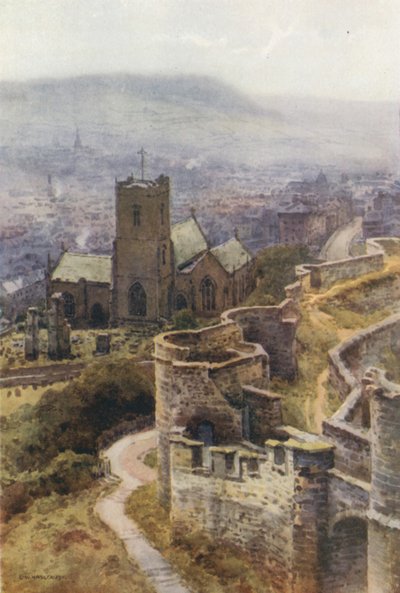 Iglesia de Santa María desde las murallas del castillo (litografía en color) de Ernest William Haslehust
