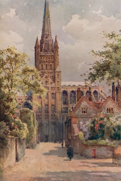El recinto de la catedral, Norwich (litografía en color) de Ernest William Haslehust