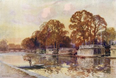 Las barcazas del colegio y el puente Folly (litografía en color) de Ernest William Haslehust