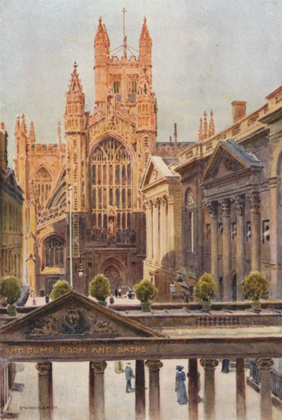 The Grand Pump-Room and Abbey, Bath (litografía en color) de Ernest William Haslehust
