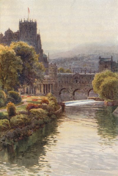 Vista desde el puente de North Parade, Bath (litografía en color) de Ernest William Haslehust