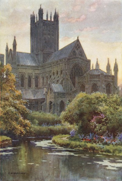 Catedral de Wells desde los muelles (litografía en color) de Ernest William Haslehust