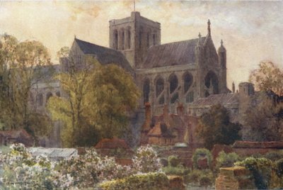Catedral de Winchester desde los jardines del decanato (litografía en color) de Ernest William Haslehust