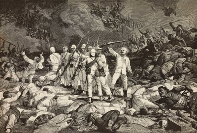 Batalla de Dogali, últimos supervivientes presentando las armas, saludando a los caídos, Guerra de Eritrea, grabado de Ernesto Mancastroppa y Cantagalli a partir de un dibujo y una composición de Ludovico Pogliaghi, de L