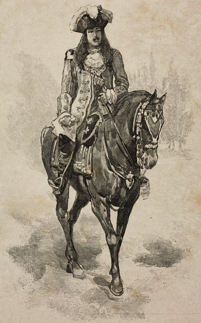 El Conde de Turín Vittorio Emanuele de Saboya en traje de Vittorio Amedeo II de Saboya en el Torneo de Villa Borghese con motivo de las bodas de plata de Umberto I y Margarita de Saboya, Roma, Italia. de Ernesto Mancastroppa