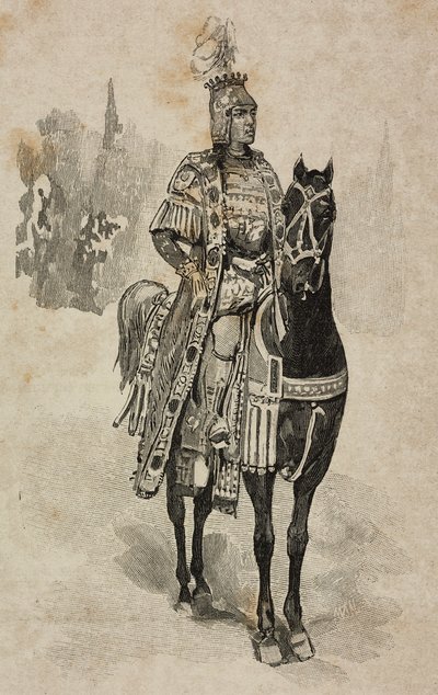 El duque de Aosta Emanuele Filiberto de Saboya en traje de Umberto Biancamano en el torneo de Villa Borghese con motivo de las bodas de plata de Umberto I y Margarita de Saboya, Roma, Italia. de Ernesto Mancastroppa
