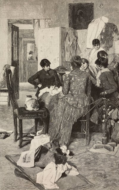 El me dise la so rossa, mujer leyendo una carta, del cuadro de Giacomo Favretto, grabado de Ernesto Mancastropa de L