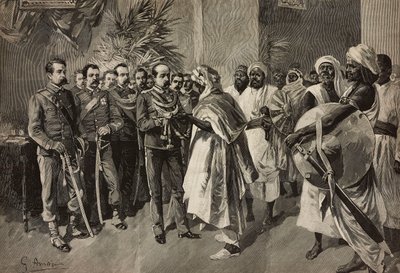 General Tancredi Saletta ofreciendo la espada a Kantibai, jefe de Abab, Massawa, Guerra de Eritrea, grabado de Ernesto Mancastroppa a partir de un dibujo de G Amato, de L
