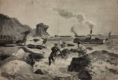 Asesinato del teniente Carlo Zavagli (1867-1890) en Warsheikh, en Somalia, 24 de abril, grabado de Ernesto Mancastropa a partir de un dibujo de Gennaro Amato, de L