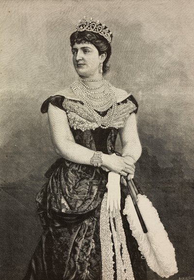 Margarita de Saboya (1851-1926), reina de Italia de 1878 a 1900, foto de Cattani, Bertelli y de Hagen, grabado de Ernesto Mancastroppa de L