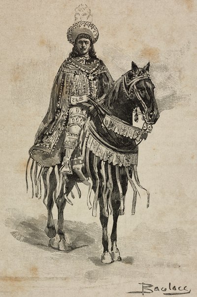 El Príncipe de Nápoles en traje de Gran Maestre de la Orden de la Anunciación en el Torneo de Villa Borghese con motivo de las bodas de plata de Umberto I y Margarita de Saboya, Roma, Italia. de Ernesto Mancastroppa
