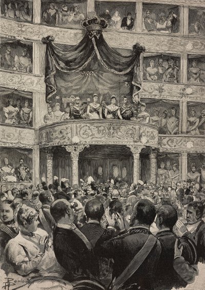 Umberto I y Margarita de Saboya, acompañados por soberanos de Alemania, en el Teatro Argentina con motivo de las bodas de plata, 21 de abril de Ernesto Mancastroppa
