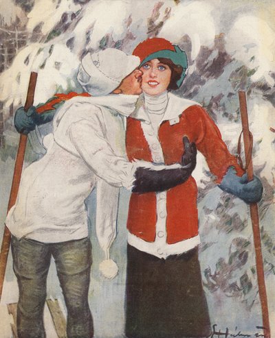 Pareja esquiando en invierno (litografia de color) de Ernst (after) Heilemann