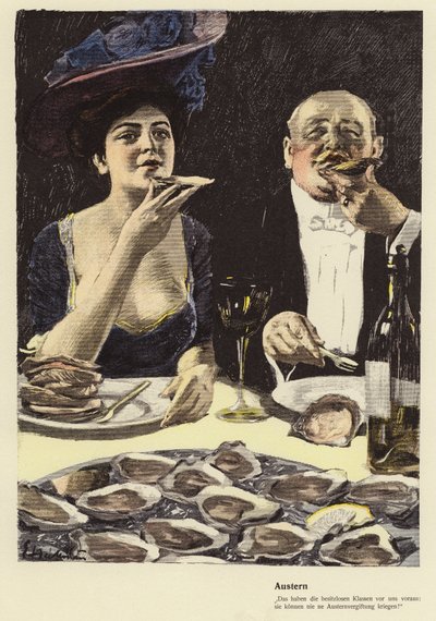 Comer ostras en un restaurante (lito de color) de Ernst (after) Heilemann
