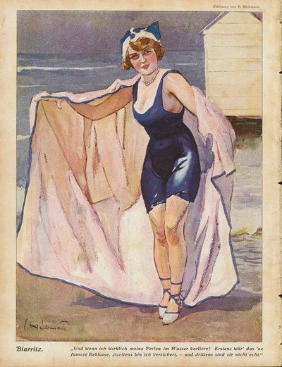Mujer en la playa de Biarritz (litografia en color) de Ernst (after) Heilemann