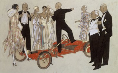 Un grupo de damas y caballeros en traje de noche escuchando a un orador, de pie en un Bugatti 