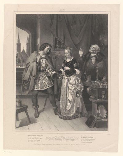 Hombre pide la mano de una mujer Töchterlein de Goldschmied (título sobre objeto) La hija del orfebre (título de la serie) de Ernst Friedrich Oldermann