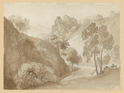Valle fluvial y paisaje montañoso, con figuras en el camino de Ernst Fries
