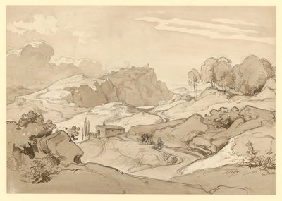 Paisaje italiano con colinas rocosas y árboles, una cabaña y figuras de ambientación junto al camino de Ernst Fries