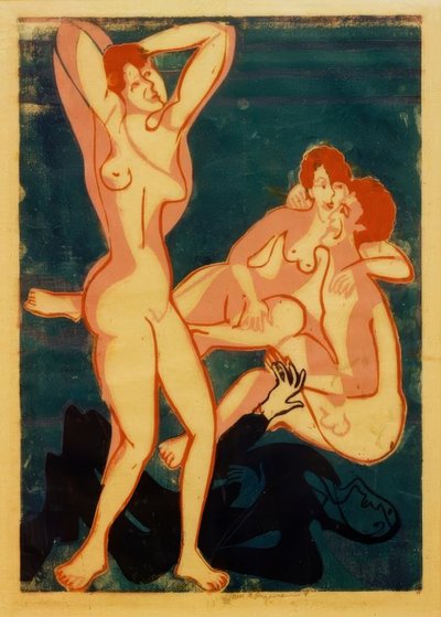 Tres desnudos y hombre acostado de Ernst Ludwig Kirchner