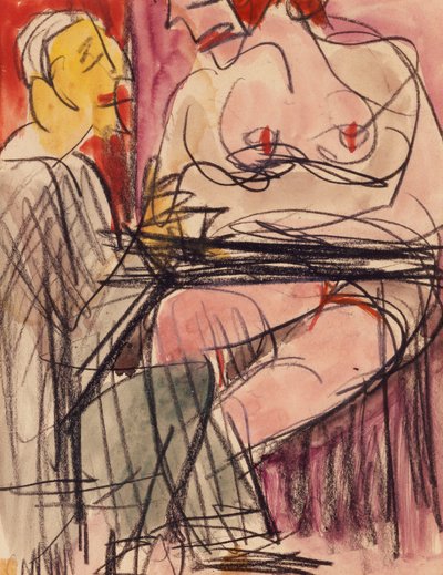 Desnudo femenino y hombre sentado en una mesa de Ernst Ludwig Kirchner