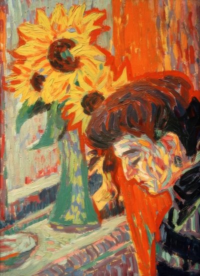 Cabeza de mujer frente a girasoles de Ernst Ludwig Kirchner