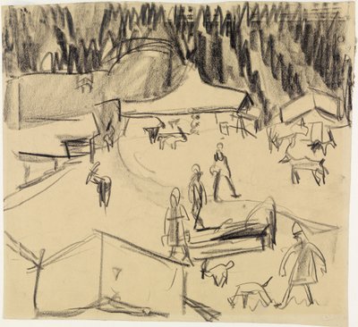 Pueblo de montaña (Staffelalp) con pastores y cabras de Ernst Ludwig Kirchner