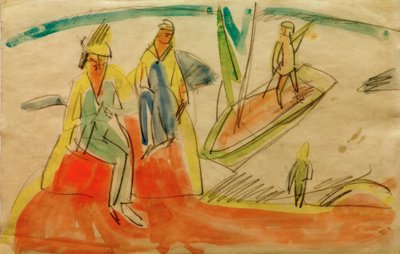 Personas y bote en la playa de Ernst Ludwig Kirchner