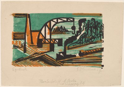 Paisaje fluvial con grúa y barcazas de Ernst Ludwig Kirchner