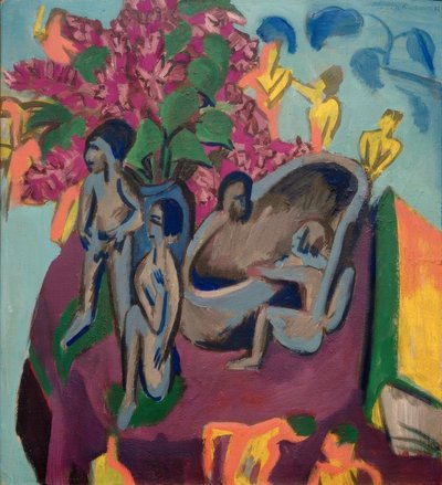 Naturaleza muerta con esculturas y flores de Ernst Ludwig Kirchner