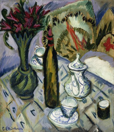 Tetera, botella y flores rojas, 1912 de Ernst Ludwig Kirchner